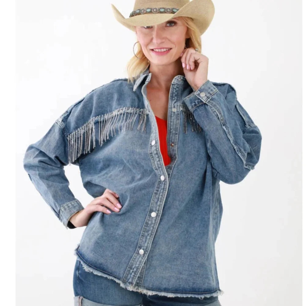 Vocal NWOT Rhinestone Fringe Denim Shirt Jacket Size Large